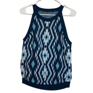 Southwest Western Knitted Tank Top Sweater Vest Womens Large Tribal Cotton Blue